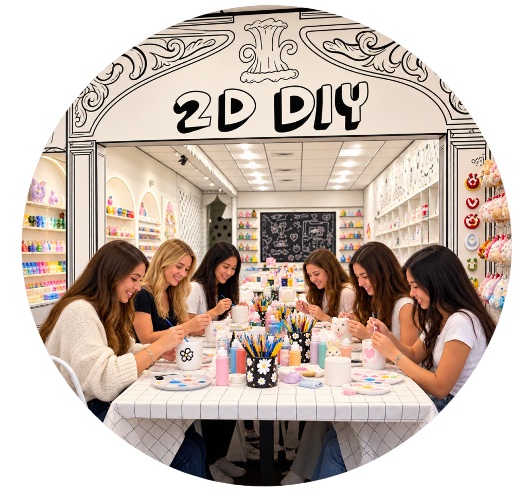 Young women painting pottery together at 2D DIY Studio